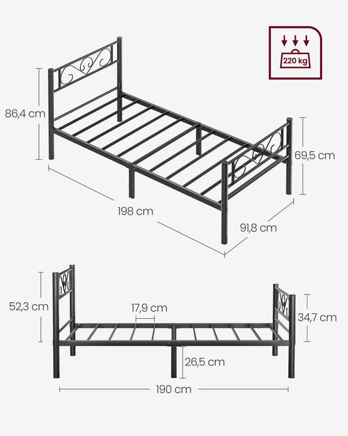 VASAGLE Single Bed Frame, Metal Bed Frame, Fits 90 x 190 cm Mattress, Easy Assembly, for Small Spaces, Guest Room - vue 7 sur 8