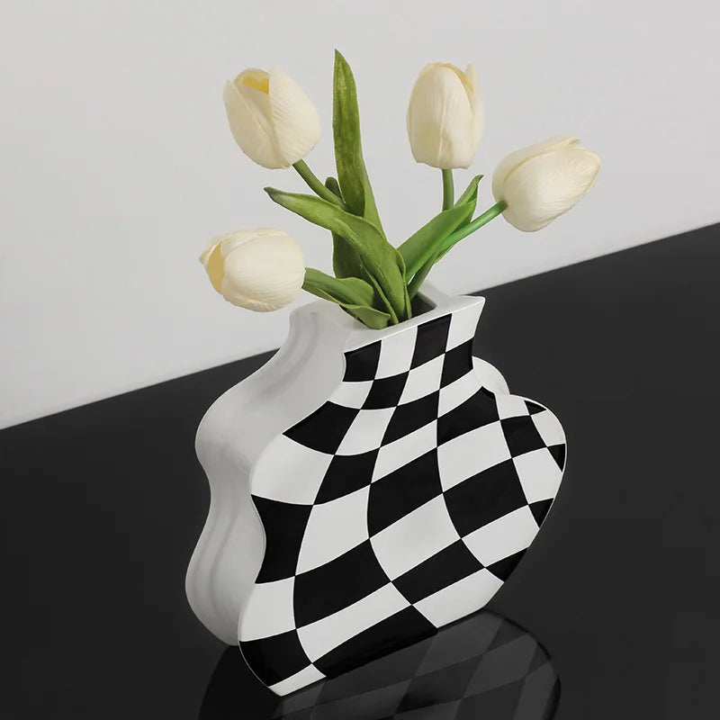 vase en céramique damier pour fleurs séchées décoration élégante - vue 5 sur 10