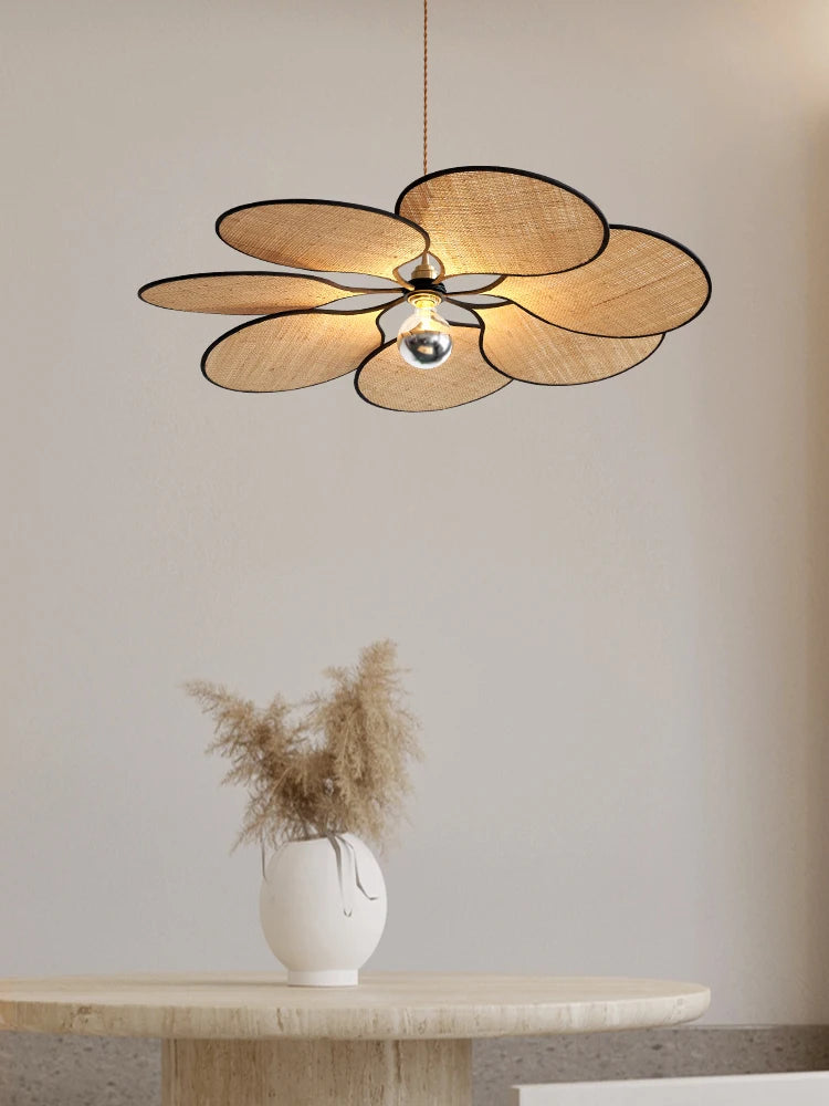 lustre à LED tissé en paille de fleur japonaise pour décoration intérieure - vue 4 sur 9