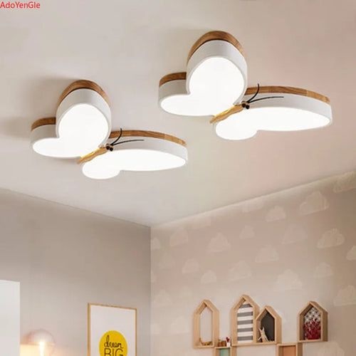 lustre moderne en bois avec papillon led pour enfants