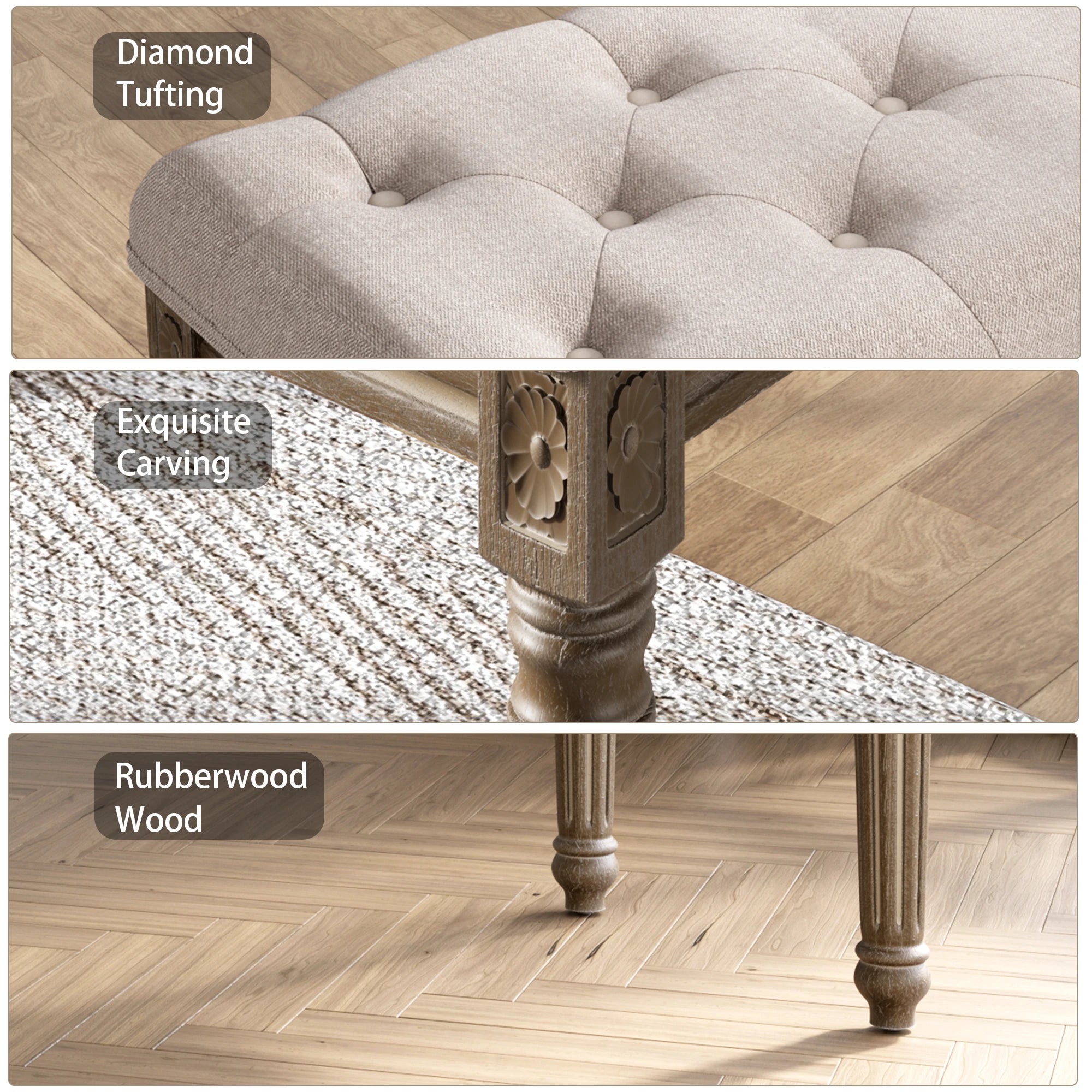 Beige Upholstered Bench Entryway Bedroom Dining Bench Wood Vanity Piano Shoe Bench,Ottoman Bench for Living Room Kitchen Hallway - vue 5 sur 6