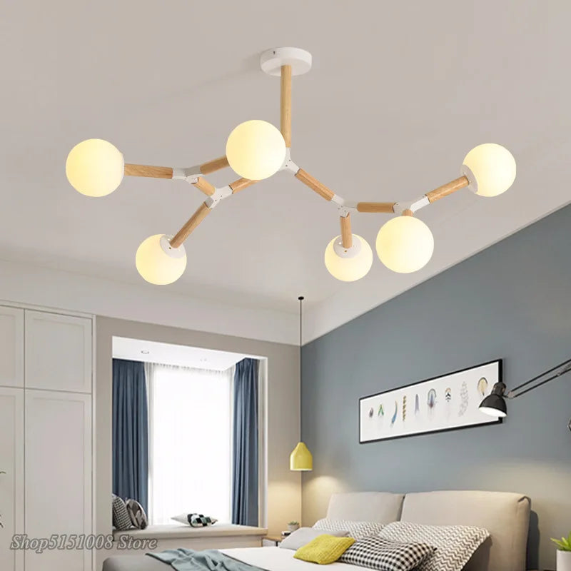 lustre moderne en verre et bois lumière nordique suspendue - vue 4 sur 9