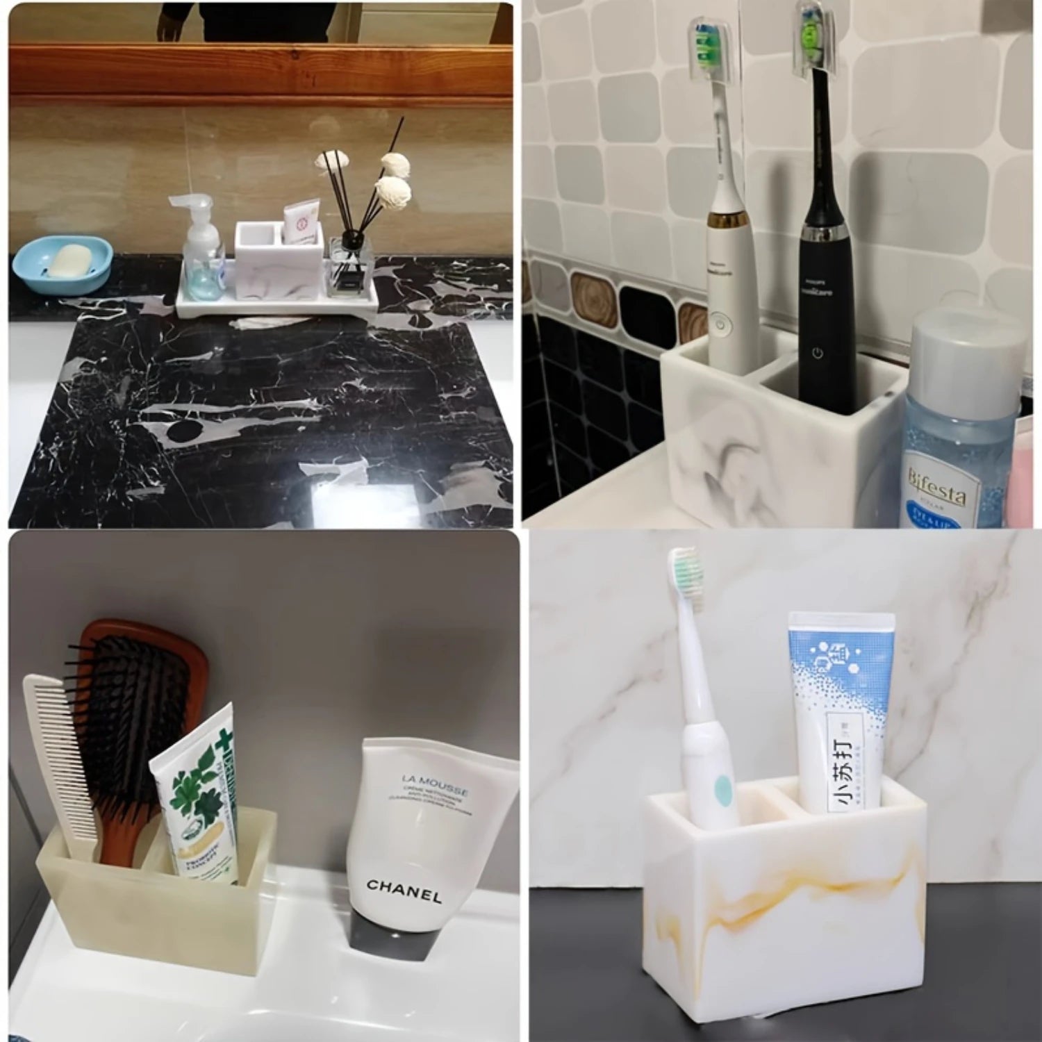 1pc Marble Effect Resin Toothbrush Holder, Luxury Nordic Style Toothbrush Stand, Multi-Compartment Bathroom Organizer, Elegant