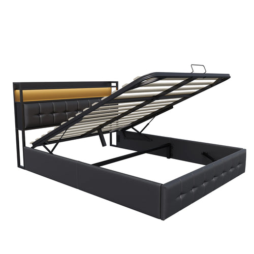 Storage Bed,Upholstered Bed 140/160x200cm,Headboard with LED Lighting and Charging USB,Double Bed with Storage Space,No mattress - vue 6 sur 6