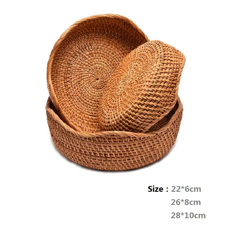 HeMu-Round Rattan Woven Basket, Wicker Fruit Basket, Bread Food, Kitchen Home Decor, Organizer Breadbasket for Kitchen - vue 12 sur 13