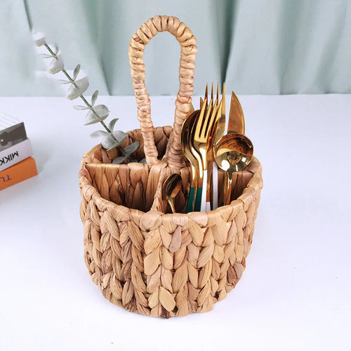 Wicker Flatware Organizer, Hand Woven Water Hyacinth Cutlery Holder for Countertop with Handle - vue 3 sur 6