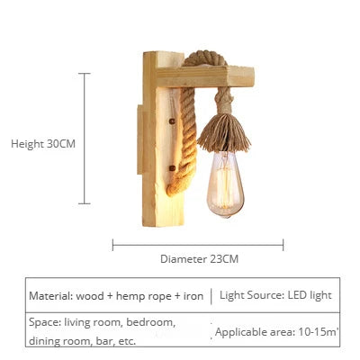 Vintage industrial wooden wall light with hemp rope - vue 15 sur 17