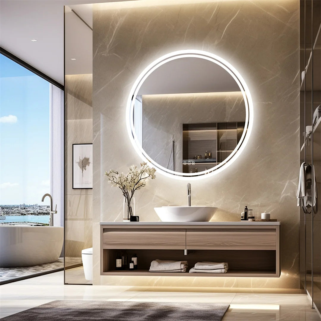 miroir rond à led rétroéclairé tactile antibuée montage mural - vue 3 sur 8