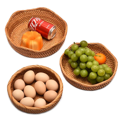 HeMu-Round Rattan Woven Basket, Wicker Fruit Basket, Bread Food, Kitchen Home Decor, Organizer Breadbasket for Kitchen - vue 2 sur 13