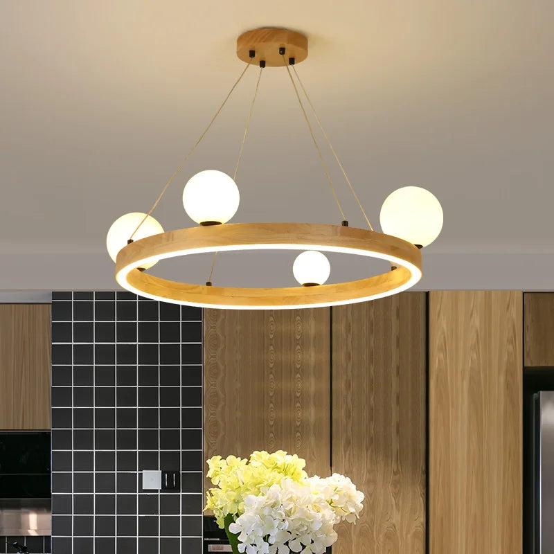 lustre rond moderne en verre et bois pour décoration intérieure - vue 3 sur 8