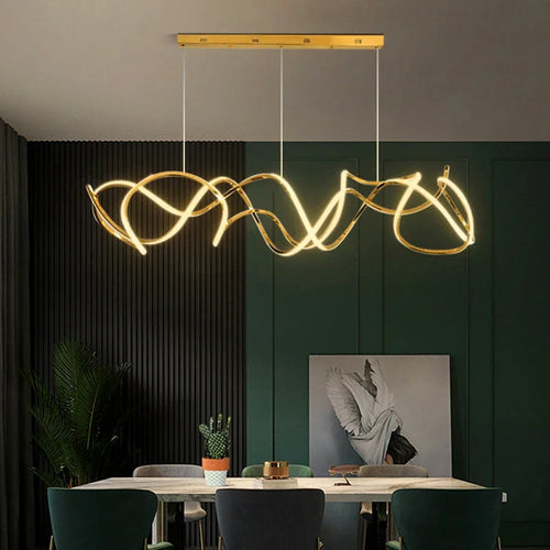 Minimalist modern stainless steel chandelier with decorative waves - vue 2 sur 7