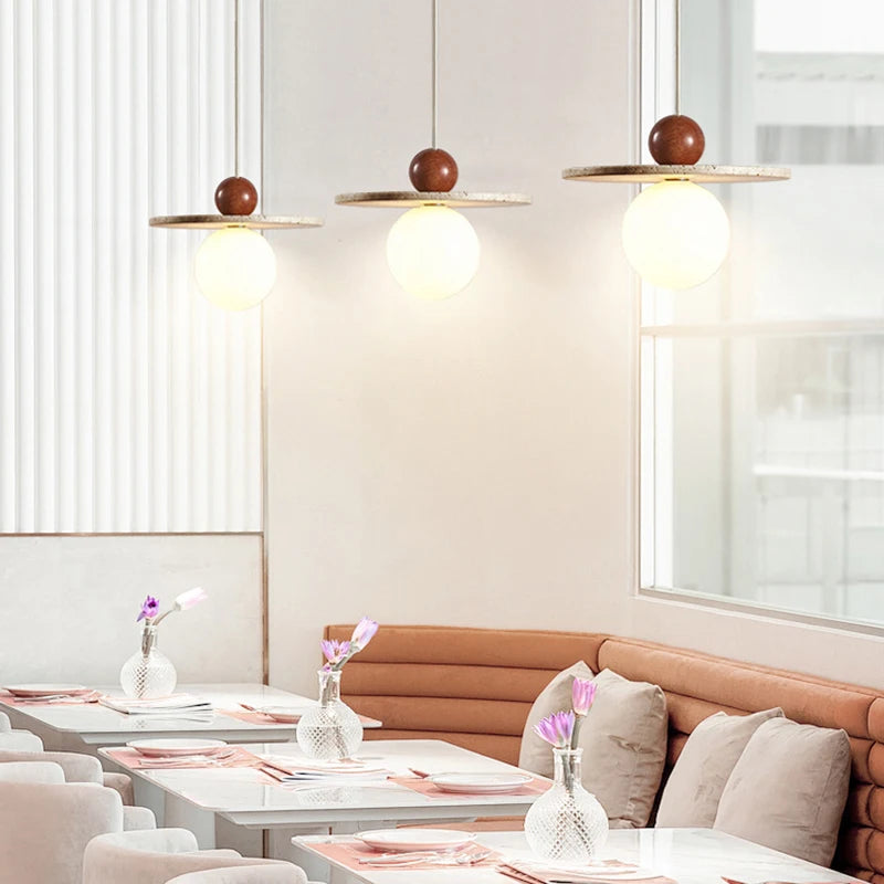 lustre rond en pierre et bois avec cordon réglable pour - vue 4 sur 7