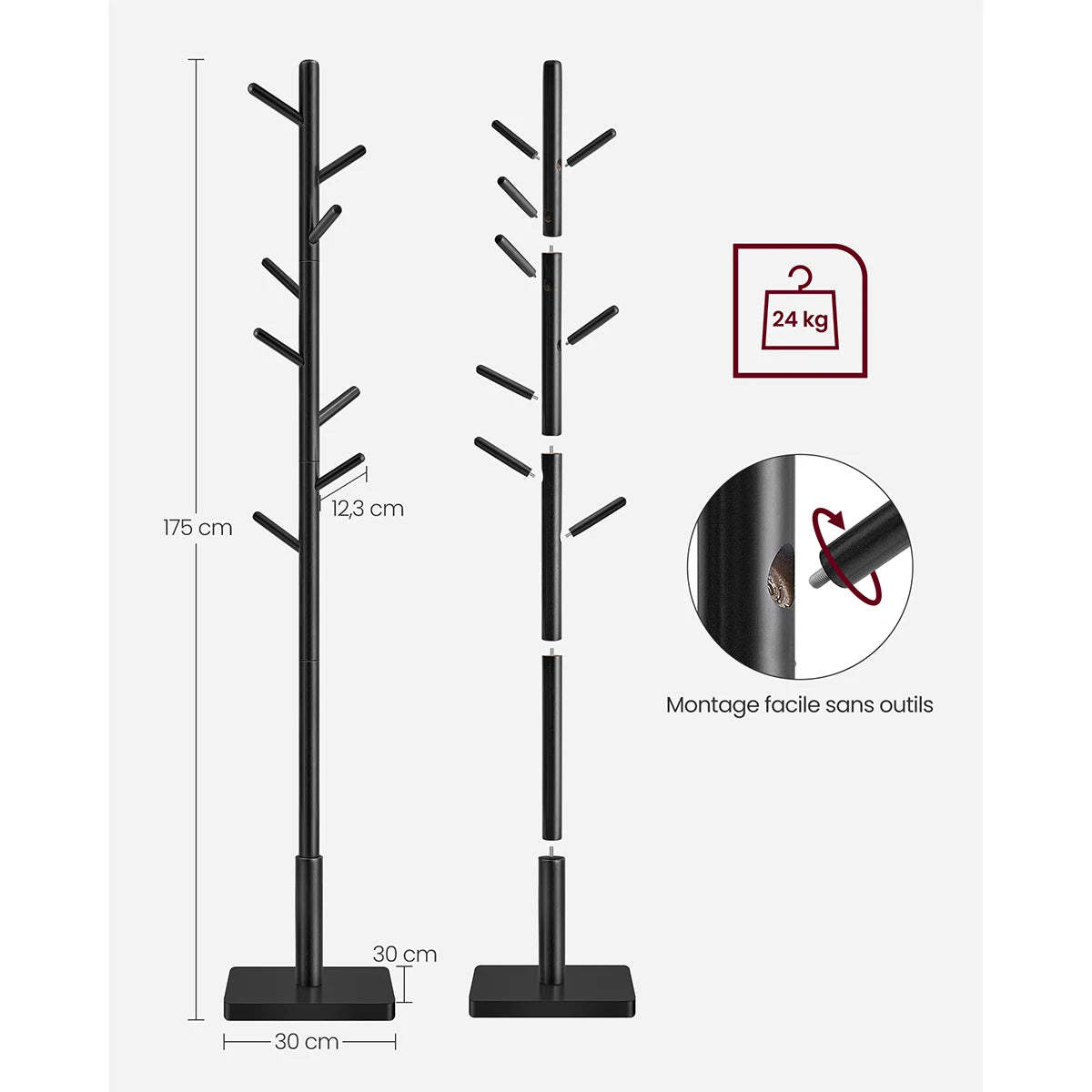 VASAGLE Coat Rack, Solid Wood Coat Stand, Free Standing Hall Coat Tree with 8 Hooks for Coats, Hats, Bags, Purses, for Entryway - vue 5 sur 9
