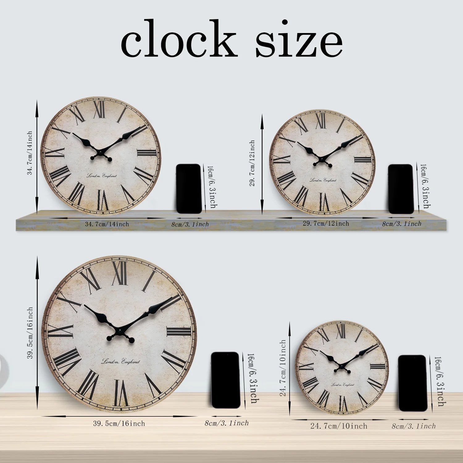 horloge murale en bois rétro à chiffres romains silencieuse et décorative - vue 4 sur 7