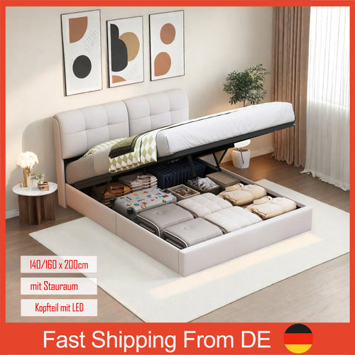 Double Bed with Storage Space,Upholstered Bed 140/160 x 200cm,Headboard with LED Lighting and USB Port,No Mattress,Velvet Beige - vue 2 sur 6