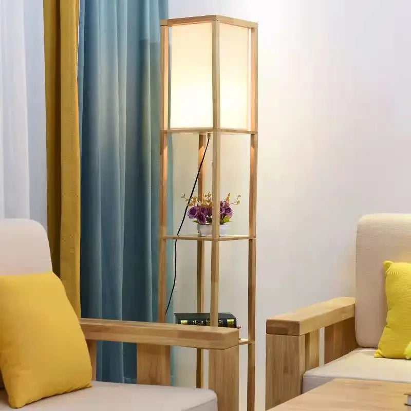 lampadaire LED étagère de rangement Nordic tissu bois massif lampe sur pied pour salon chambre bibliothèque fleur support interrupteur à tirer - vue 4 sur 7