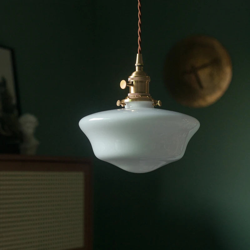 Suspension nordique moderne douille en cuivre abat-jour en verre blanc chambre salon suspension LED luminaires - vue 4 sur 30