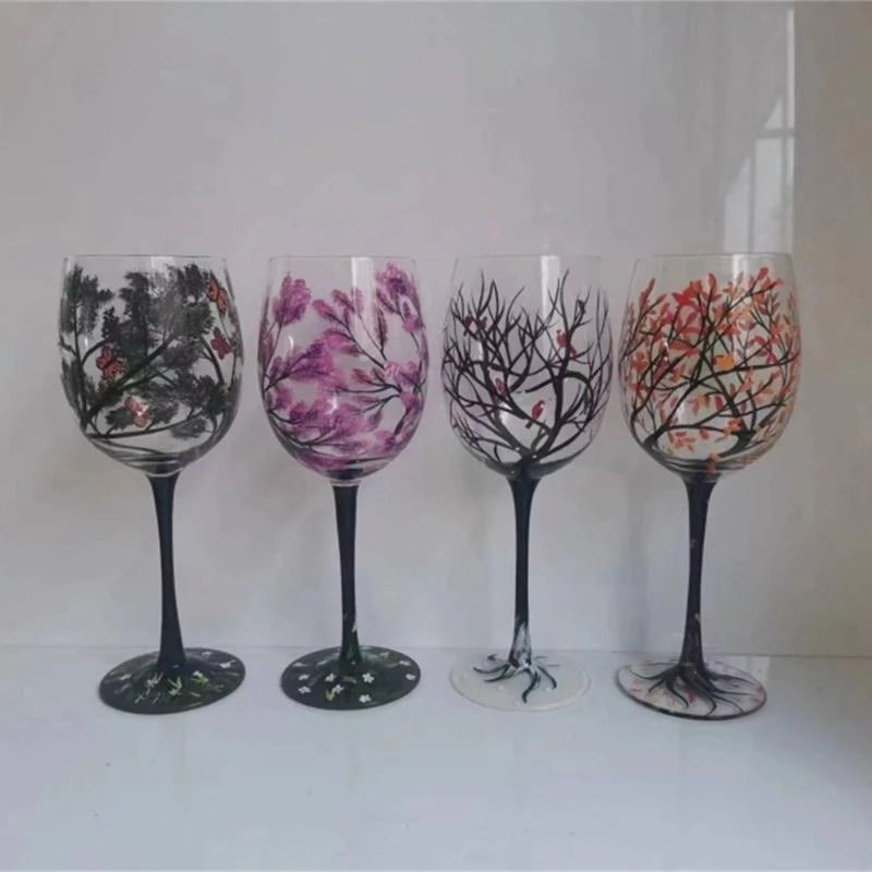 Verre à vin arbre quatre saisons peint main - vue 5 sur 7