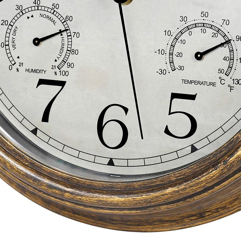 12inch Wall Clock,Retro Waterproof Clock with Displays Thermometer&amp;Hygrometer,Noise-Free Clock for Indoor/Outdoor - vue 3 sur 6