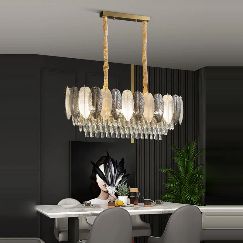 lustre suspendu led art déco avec plumes blanches et grises - vue 7 sur 17