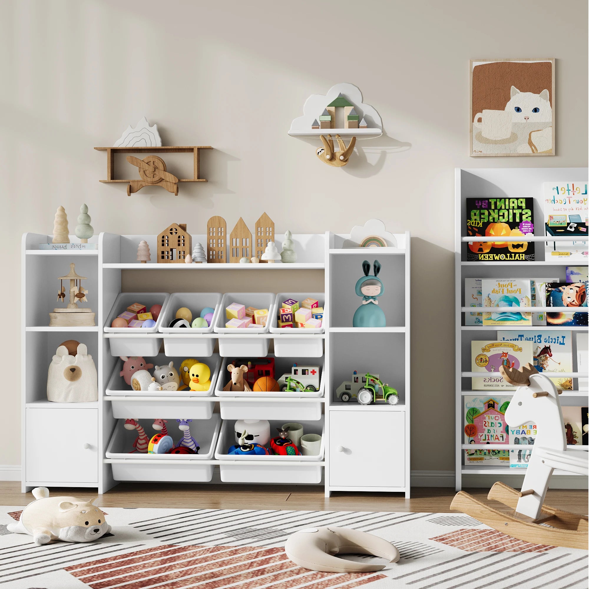 Getone Toy Storage Unit, Children's Bookcase, Toy Organiser with 8 Boxes and 9 Shelves 138x29x94 cm White/Pink - vue 6 sur 7