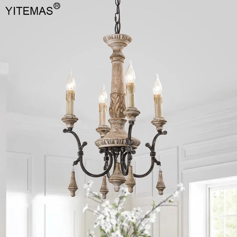Lustre en bois rétro 4 lumières dans l'entrée chambre 6 lumières lustre français Style Vintage pour salon Foyer lampe à manger - vue 4 sur 8