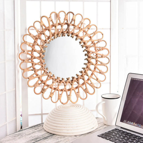 Wall Mirror, Round Wicker Rattan Decorative Mirror, Rustic Natural Rattan Wall Decor with Mounted Frame for Bathroom Hallway - vue 3 sur 7