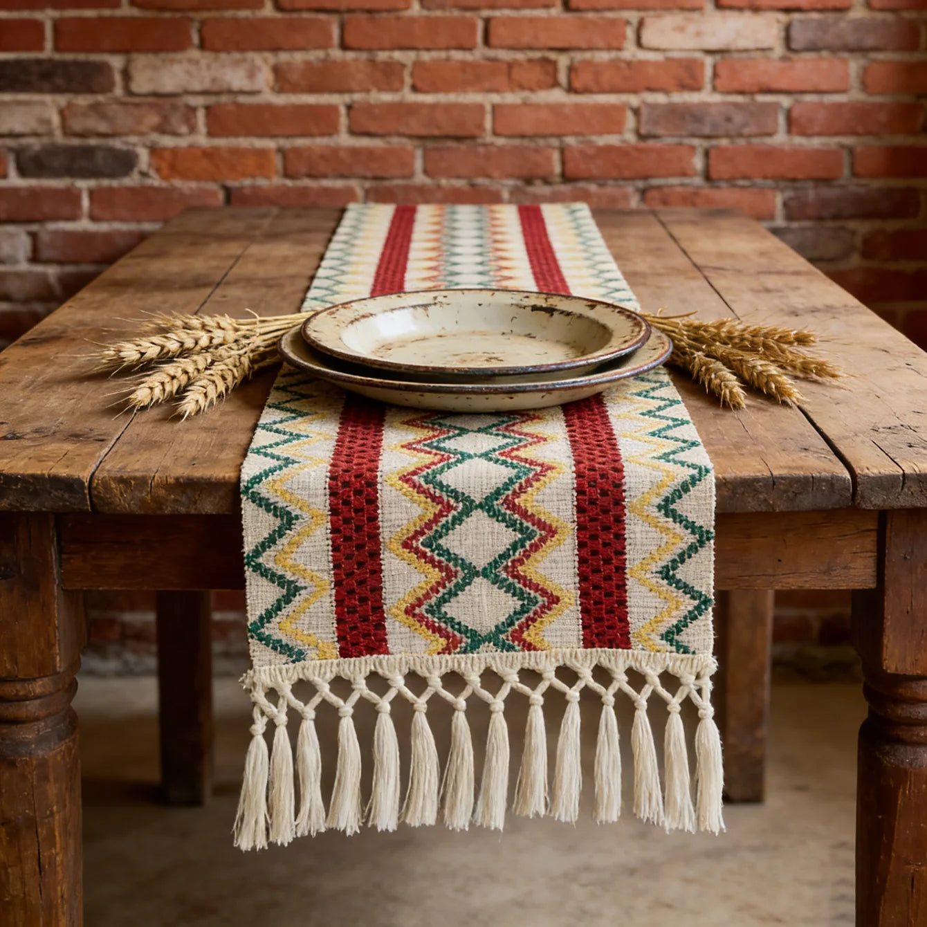 Chemin de table bohème motif aztèque tissé pompons - vue 6 sur 7