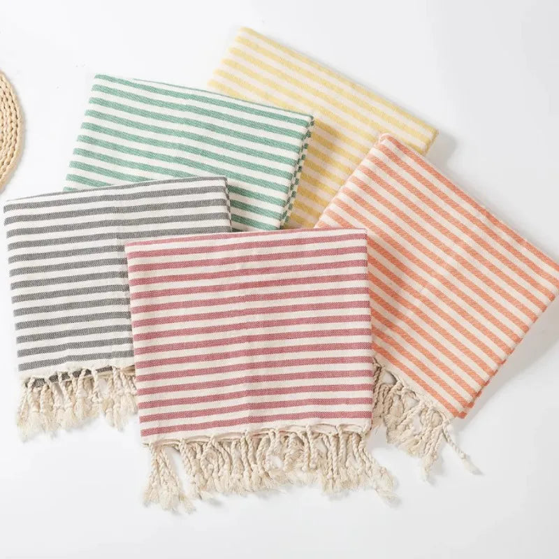 Serviette de plage turque rayures pompons sauna spa