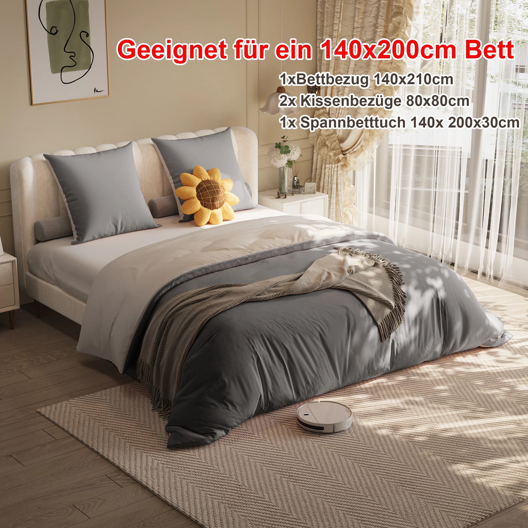 Bed Linen 4-Piece Bedding Sets,1 Duvet Cover 140x210cm & 2 Pillowcases 80x80cm & 1 Fitted Sheet 140x 200x30cm,Polyester,grey