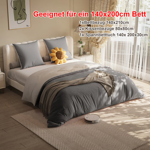 Bed Linen 4-Piece Bedding Sets,1 Duvet Cover 140x210cm & 2 Pillowcases 80x80cm & 1 Fitted Sheet 140x 200x30cm,Polyester,grey