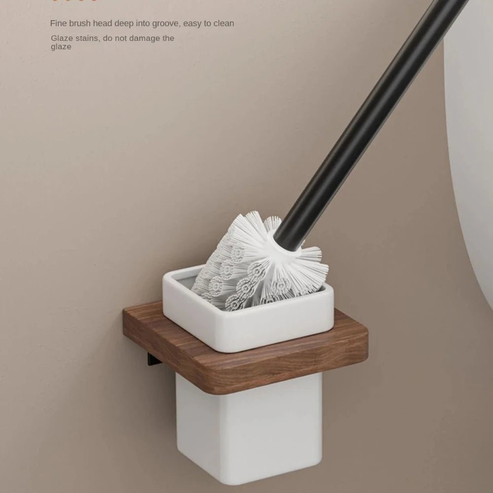 Wall-Mounted Toilet Brush Holder Set, Ceramic Base, Solid Wood, Luxury Bathroom Accessories, No Dead Corner