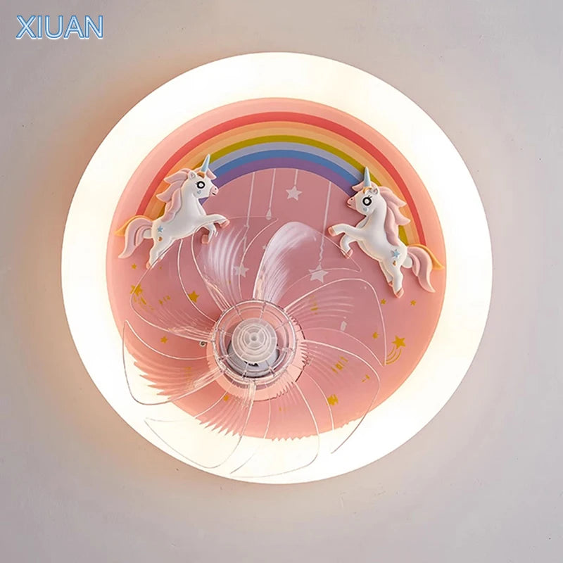Creative LED Ceiling Light with Fan Pink Princess Children's Room Bedroom Ceiling Fan Resin Unicorn Rainbow Remote Control 220V - vue 6 sur 7