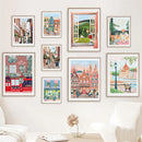 aquarelle ville côtière vue commerciale art mural décor nordique