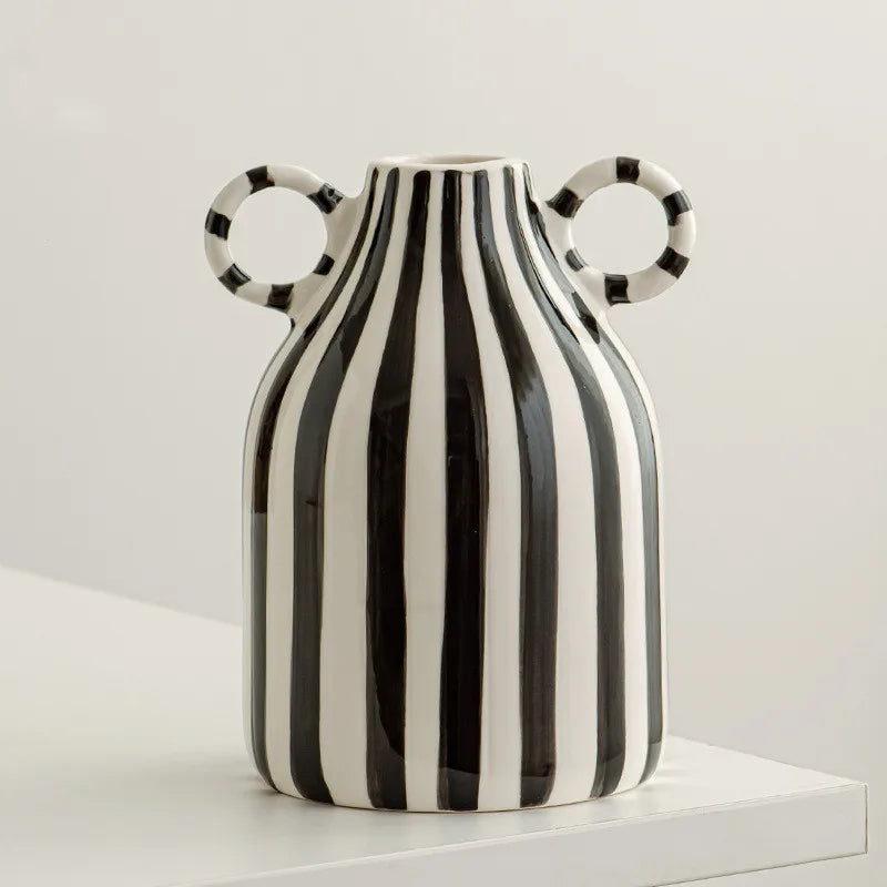 Double Ear Ceramic Vase, Abstract Black and White Striped Hydroponic Vase, Living Room Decoration, Room Aesthetic Decoration - vue 7 sur 14