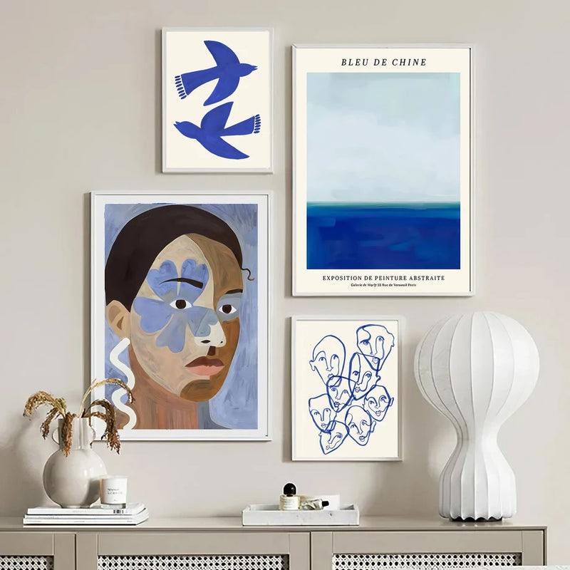 art mural abstrait géométrique visage courbe fille colombe décor nordique