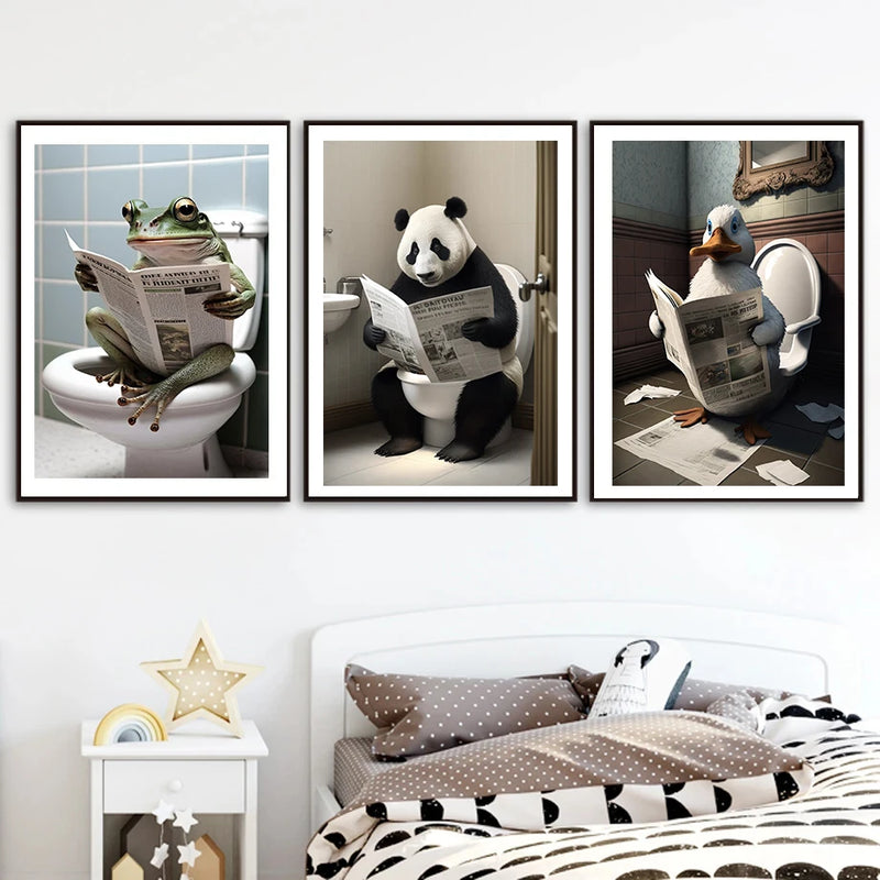 décoration murale humoristique animaux assis sur toilettes