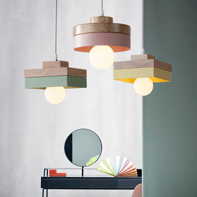 Nordique LED suspension en bois fer 18CM carré salon luminaire suspendu pour chambre salle à manger étude décor à la maison Luminaires - vue 5 sur 18