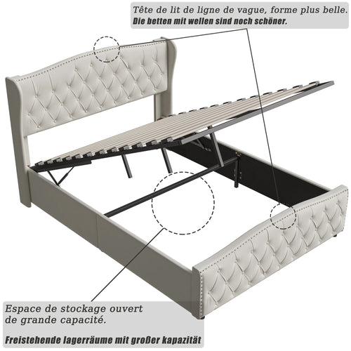 160 x 200 cm Modern Double Bed, Bed with Storage Space and Backrest, with Slatted Frame, Load-Bearing 250 kg, without Mattress - vue 5 sur 8