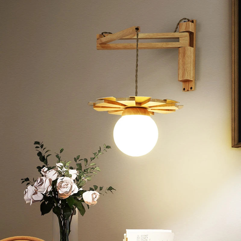 Applique murale suspendue en bois nordique avec bras oscillant applique murale LED pour chevet salon étude couloir abat-jour en verre blanc laiteux - vue 3 sur 7