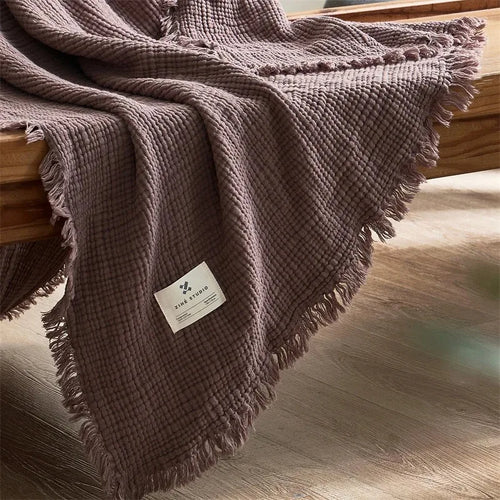 Plaid coton mousseline pompons léger style uni salon
