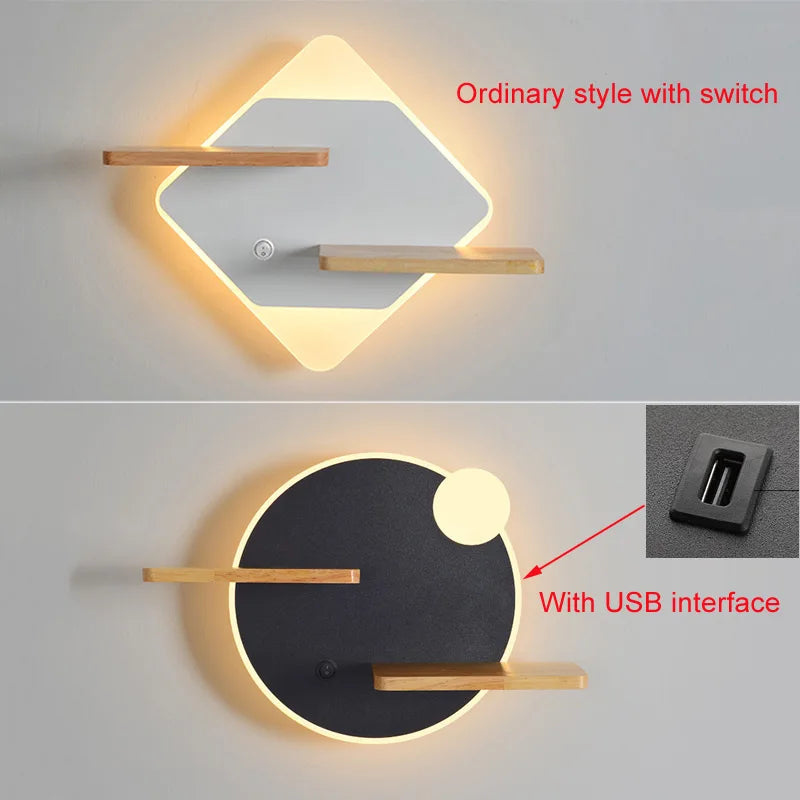 Applique murale led nordique avec étagère et chargeur usb