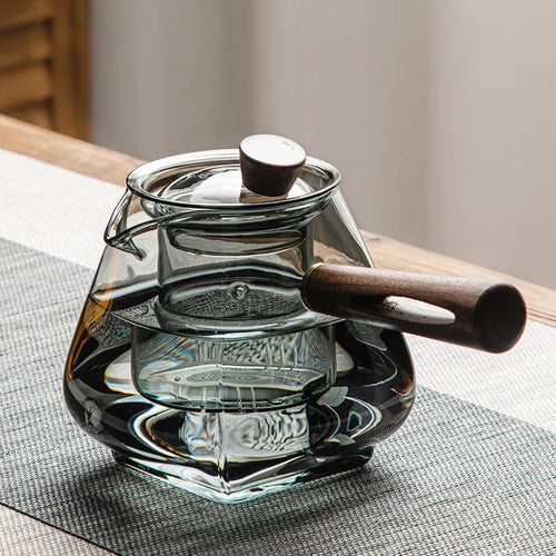 Theiere verre borosilicate poignée bois résistante chaleur