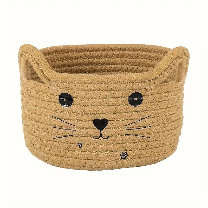 Bohemian Cat Face Woven Cotton Fabric Storage Baskets, Versatile Organizer For Bedroom Living Room Office Desk Sundries Sorting - vue 10 sur 11