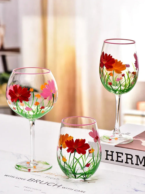 Verres à vin hauts motifs floraux peints main