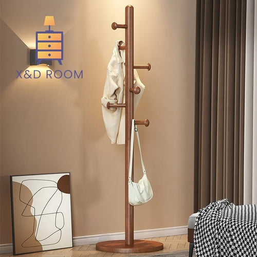 X&amp;D Solid Wood Coat Rack, Floor Hanging Clothes Rack Simple Modern Bag Rack Bedroom Household Single Pole Vertical Drying Rack - vue 2 sur 12