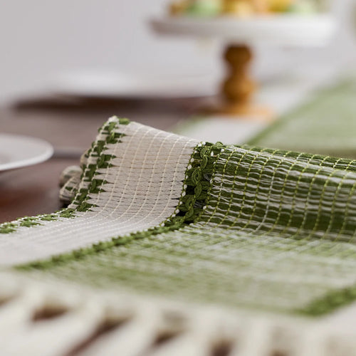Chemin de table rayé bohème beige pompons tissés - vue 7 sur 6