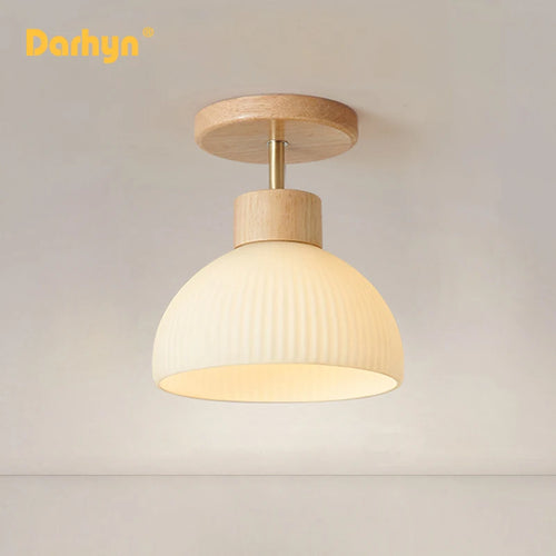 lustre en bois simple avec abat-jour en verre - vue 2 sur 12