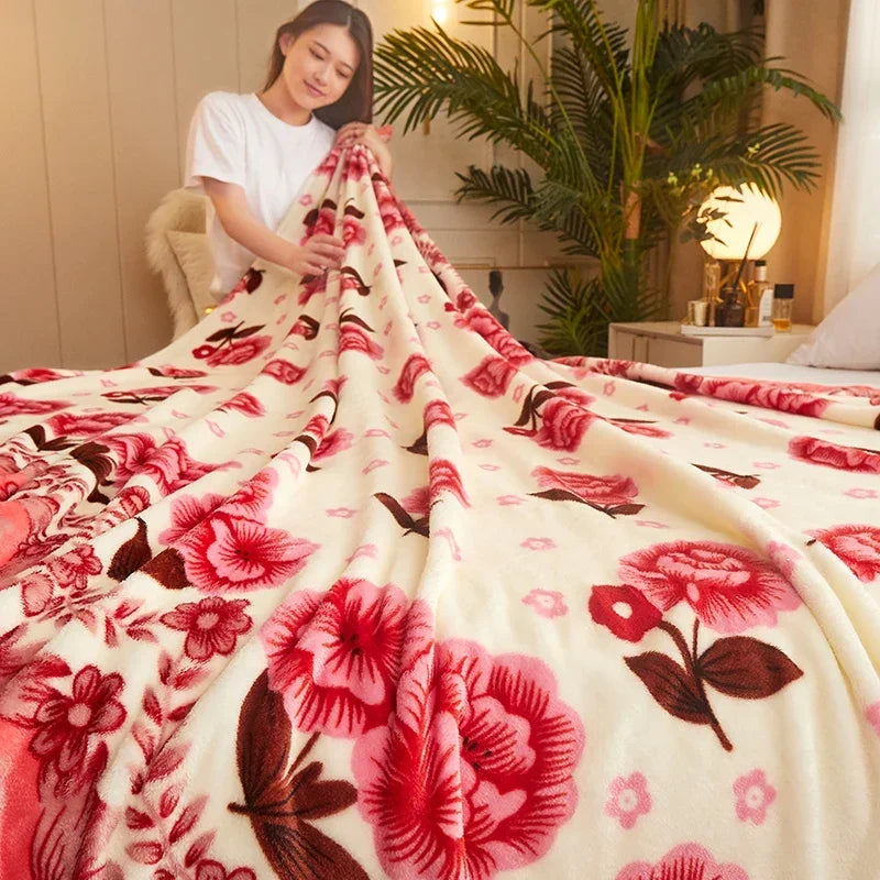Plaid polaire motifs carreaux et floral pour canapé