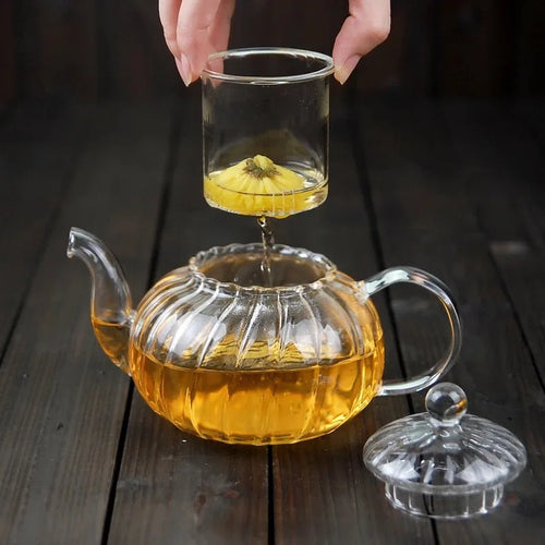 théière verre citrouille rayée filtre floral résistante chaleur